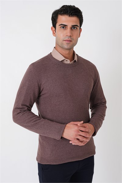 Slim Fit Ribanalı Düz Sütlü Kahve Yünlü Bisiklet Yaka Triko Kazak TR 900