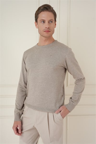 Slim Fit Ribanalı Düz Taş Yünlü Bisiklet Yaka Triko Kazak TR 900