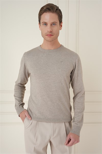 Slim Fit Ribanalı Düz Taş Yünlü Bisiklet Yaka Triko Kazak TR 900