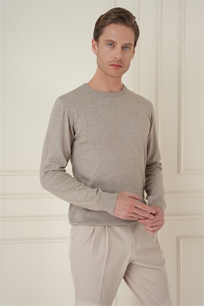 Slim Fit Ribanalı Düz Taş Yünlü Bisiklet Yaka Triko Kazak TR 900