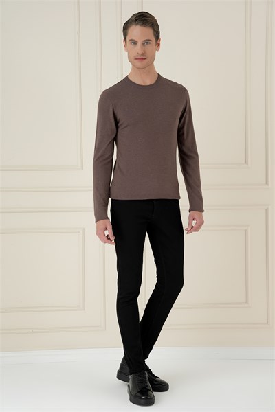 Slim Fit Ribanalı Düz Vizon Yünlü Bisiklet Yaka Triko Kazak TR 900