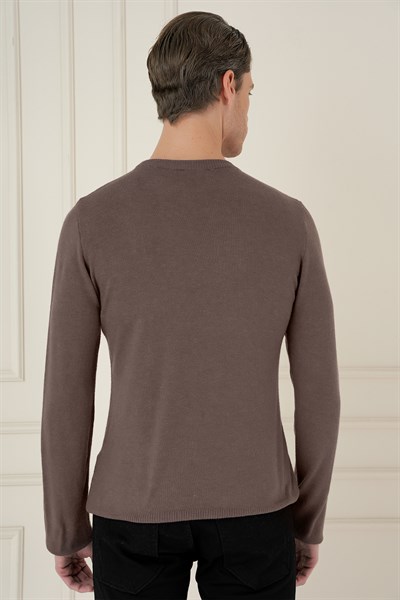 Slim Fit Ribanalı Düz Vizon Yünlü Bisiklet Yaka Triko Kazak TR 875