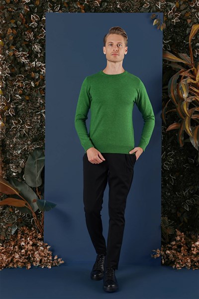 Slim Fit Ribanalı Düz Yeşil Yünlü Bisiklet Yaka Triko Kazak TR 858