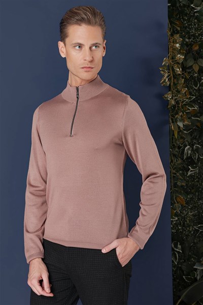 Slim Fit Ribanalı Fermuarlı Yarım Balıkçı Yünlü Gül Kurusu Triko Kazak TR 861