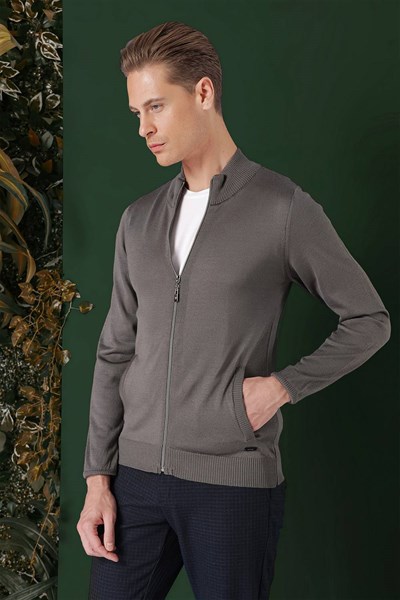Slim Fit Ribanalı Füme Yünlü Fermuarlı Hırka Triko Kazak TR 860