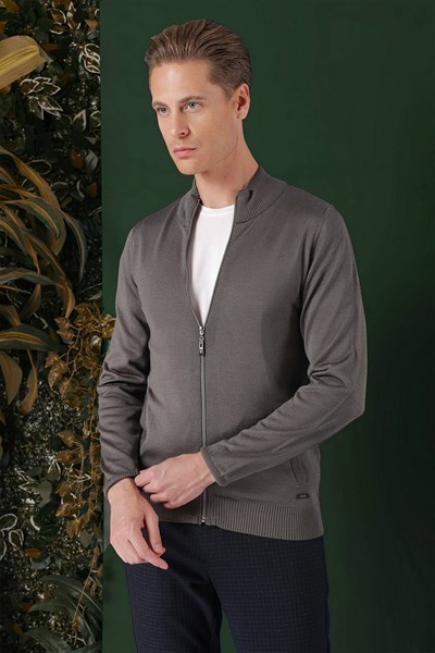 Slim Fit Ribanalı Füme Yünlü Fermuarlı Hırka Triko Kazak TR 860