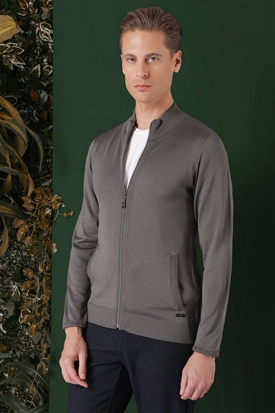 Slim Fit Ribanalı Füme Yünlü Fermuarlı Hırka Triko Kazak TR 860