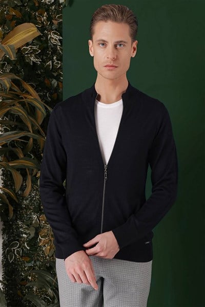 Slim Fit Ribanalı Lacivert Yünlü Fermuarlı Hırka Triko Kazak TR 860