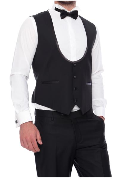Slim Fit Saten Biyeli Siyah Smokin Yelek Y 120