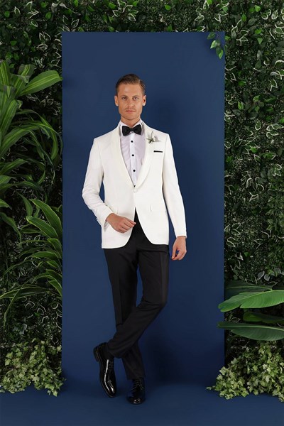 Slim Fit Saten Yaka Çift Yırtmaçlı Damatlık Ekru Smokin Ceket Black 034 