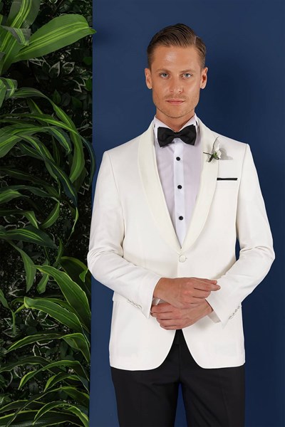 Slim Fit Saten Yaka Çift Yırtmaçlı Damatlık Ekru Smokin Ceket Black 034 