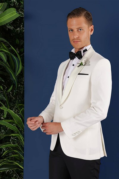 Slim Fit Saten Yaka Çift Yırtmaçlı Damatlık Ekru Smokin Ceket Black 034 