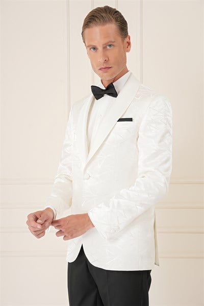 Slim Fit Saten Yaka Çift Yırtmaçlı Tek Düğmeli Krem Damatlık Smokin Ceket Black 036