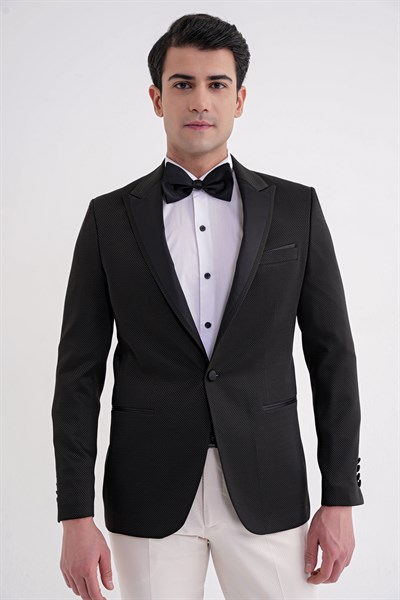 Slim Fit Saten Yaka Çift Yırtmaçlı Tek Düğmeli Siyah Damatlık Smokin Ceket Black 035 