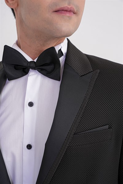 Slim Fit Saten Yaka Çift Yırtmaçlı Tek Düğmeli Siyah Damatlık Smokin Ceket Black 035 