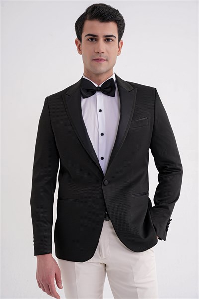 Slim Fit Saten Yaka Çift Yırtmaçlı Tek Düğmeli Siyah Damatlık Smokin Ceket Black 035 