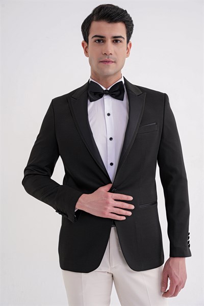 Slim Fit Saten Yaka Çift Yırtmaçlı Tek Düğmeli Siyah Damatlık Smokin Ceket Black 035 