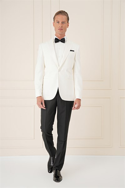Slim Fit Saten Yaka Çift Yırtmaçlı Tek Düğmeli Krem Damatlık Smokin Ceket Black 035 