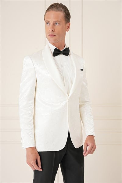 Slim Fit Saten Yaka Çift Yırtmaçlı Tek Düğmeli Krem Damatlık Smokin Ceket Black 036