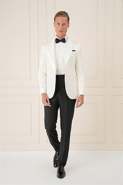 Slim Fit Saten Yaka Çift Yırtmaçlı Tek Düğmeli Krem Damatlık Smokin Ceket Black 036