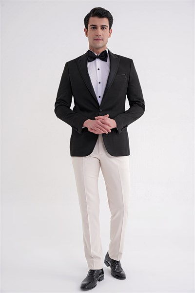 Slim Fit Saten Yaka Çift Yırtmaçlı Tek Düğmeli Siyah Damatlık Smokin Ceket Black 035 