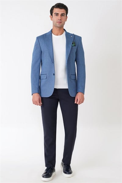 Slim Fit Sivri Yaka Çift Yırtmaçlı Esnek Yünlü İndigo Ceket C 746