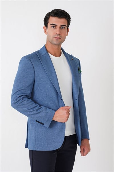 Slim Fit Sivri Yaka Çift Yırtmaçlı Esnek Yünlü İndigo Ceket C 746