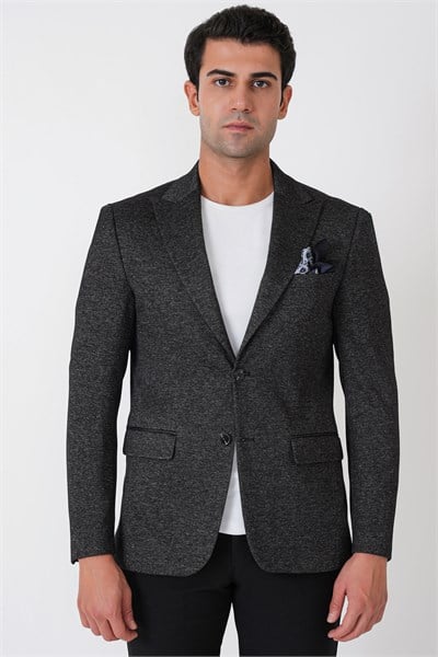 Slim Fit Sivri Yaka Çift Yırtmaçlı Esnek Yünlü Siyah Ceket C 746
