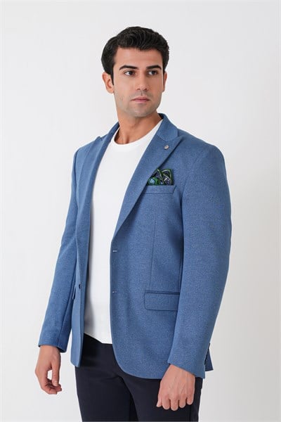 Slim Fit Sivri Yaka Çift Yırtmaçlı Esnek Yünlü İndigo Ceket C 746