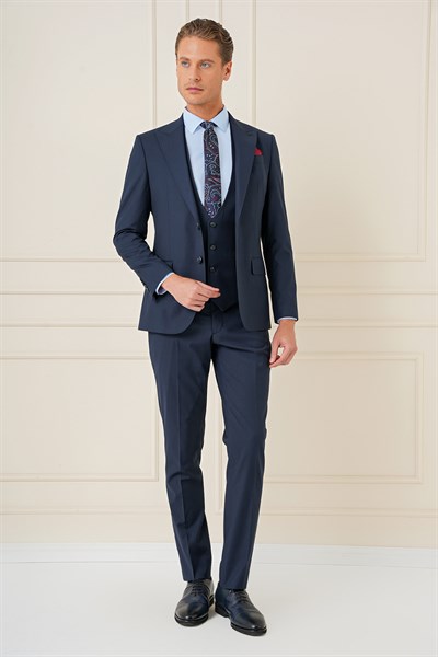 Slim Fit Sivri Yaka Çizgi Dokulu Lacivert Yelekli Takım Elbise TK 904