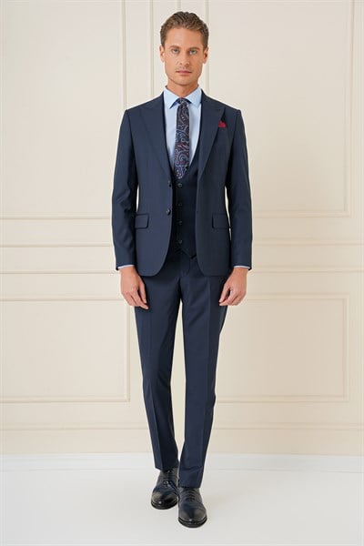Slim Fit Sivri Yaka Çizgi Dokulu Lacivert Yelekli Takım Elbise TK 904