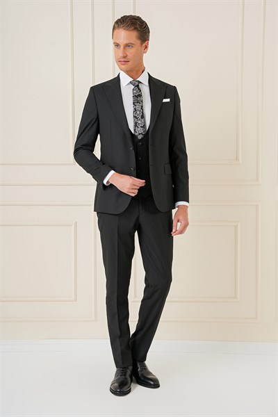 Slim Fit Sivri Yaka Çizgi Dokulu Siyah Yelekli Takım Elbise TK 904