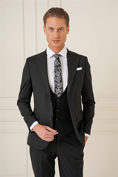Slim Fit Sivri Yaka Çizgi Dokulu Siyah Yelekli Takım Elbise TK 904
