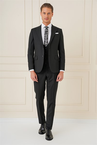 Slim Fit Sivri Yaka Çizgi Dokulu Siyah Yelekli Takım Elbise TK 904