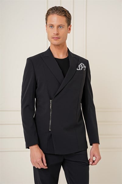 Slim Fit Sivri Yaka Esnek Önden Fermuarlı Tasarım Siyah Ceket C 687