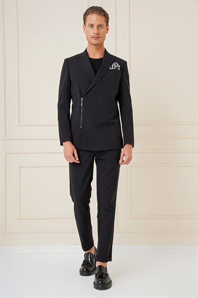 Slim Fit Sivri Yaka Esnek Önden Fermuarlı Tasarım Siyah Ceket C 687