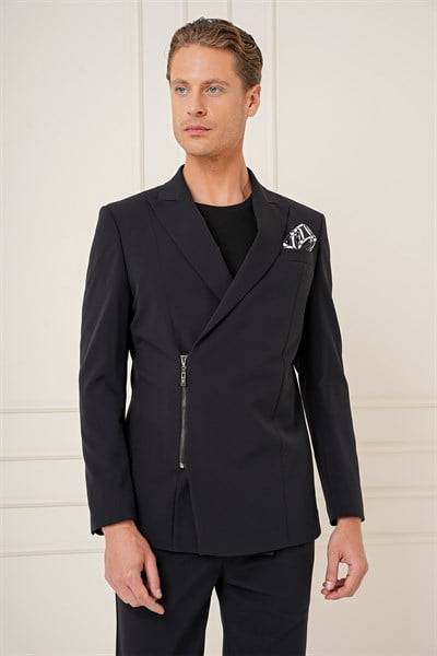 Slim Fit Sivri Yaka Esnek Önden Fermuarlı Tasarım Siyah Ceket C 687