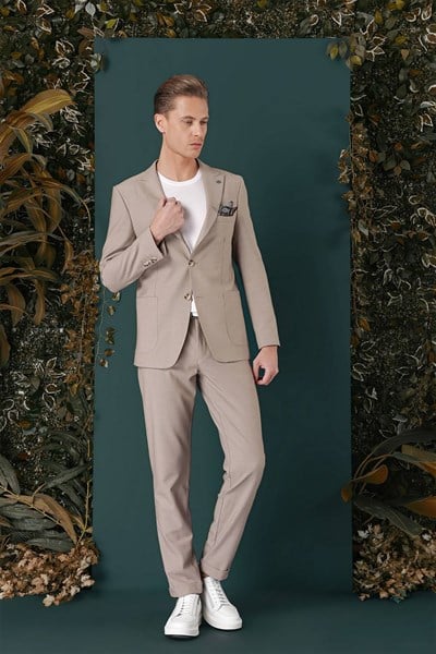 Slim Fit Sivri Yaka Esnek Pamuklu Dokulu Bej Blazer Ceket C 659