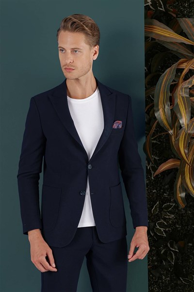 Slim Fit Sivri Yaka Esnek Pamuklu Dokulu Lacivert Blazer Ceket C 659