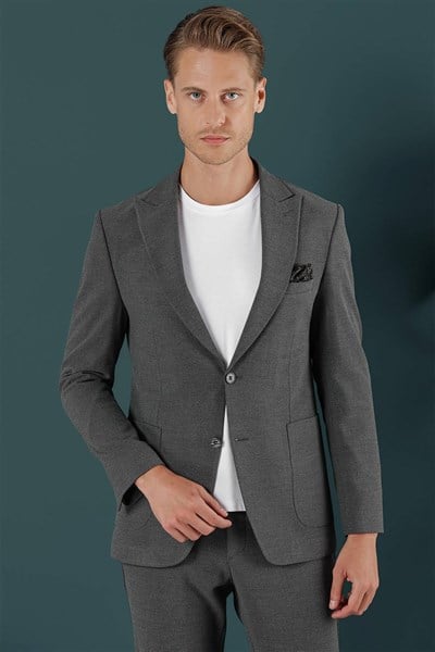 Slim Fit Sivri Yaka Esnek Pamuklu Dokulu Antrasit Blazer Ceket C 659