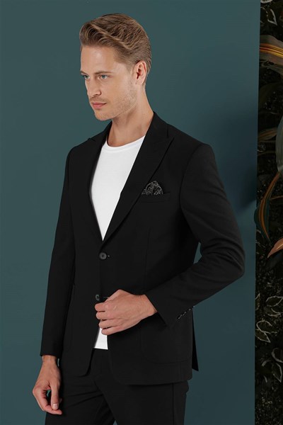 Slim Fit Sivri Yaka Esnek Pamuklu Dokulu Siyah Blazer Ceket C 659