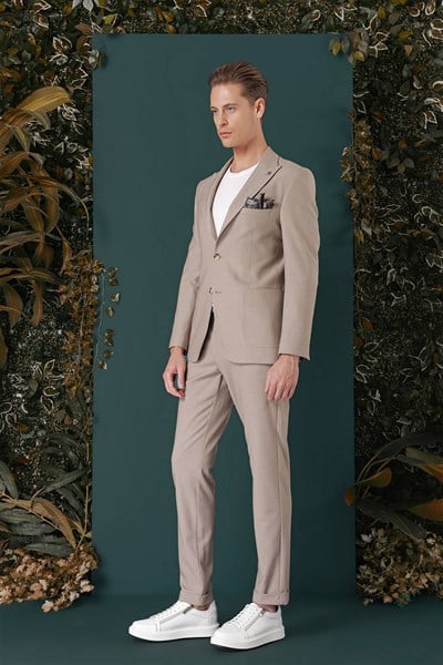 Slim Fit Sivri Yaka Esnek Pamuklu Dokulu Bej Blazer Ceket C 659
