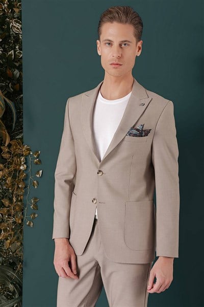 Slim Fit Sivri Yaka Esnek Pamuklu Dokulu Bej Blazer Ceket C 659