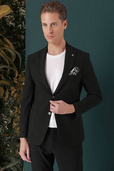 Slim Fit Sivri Yaka Esnek Pamuklu Dokulu Yeşil Blazer Ceket C 659