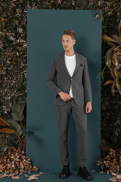 Slim Fit Sivri Yaka Esnek Pamuklu Dokulu Antrasit Blazer Ceket C 659