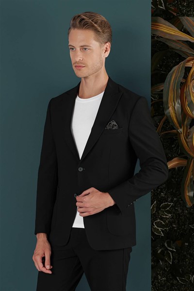 Slim Fit Sivri Yaka Esnek Pamuklu Dokulu Siyah Blazer Ceket C 659