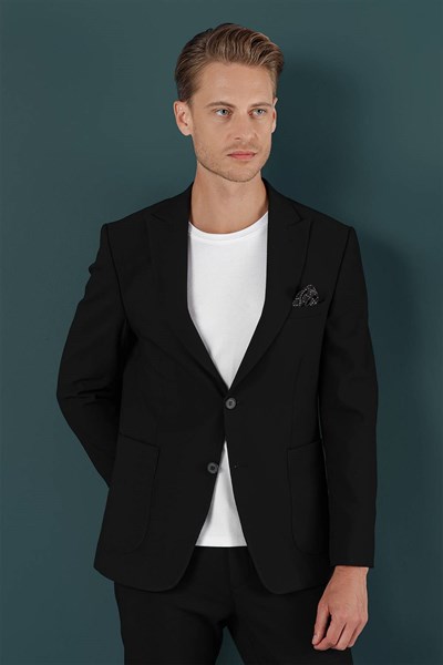 Slim Fit Sivri Yaka Esnek Pamuklu Dokulu Siyah Blazer Ceket C 659