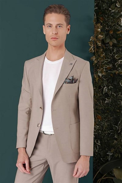 Slim Fit Sivri Yaka Esnek Pamuklu Dokulu Bej Blazer Ceket C 659
