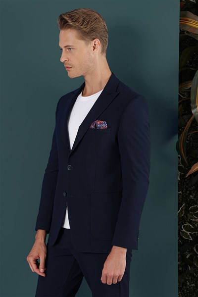 Slim Fit Sivri Yaka Esnek Pamuklu Dokulu Lacivert Blazer Ceket C 659