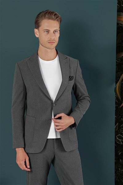 Slim Fit Sivri Yaka Esnek Pamuklu Dokulu Antrasit Blazer Ceket C 659
